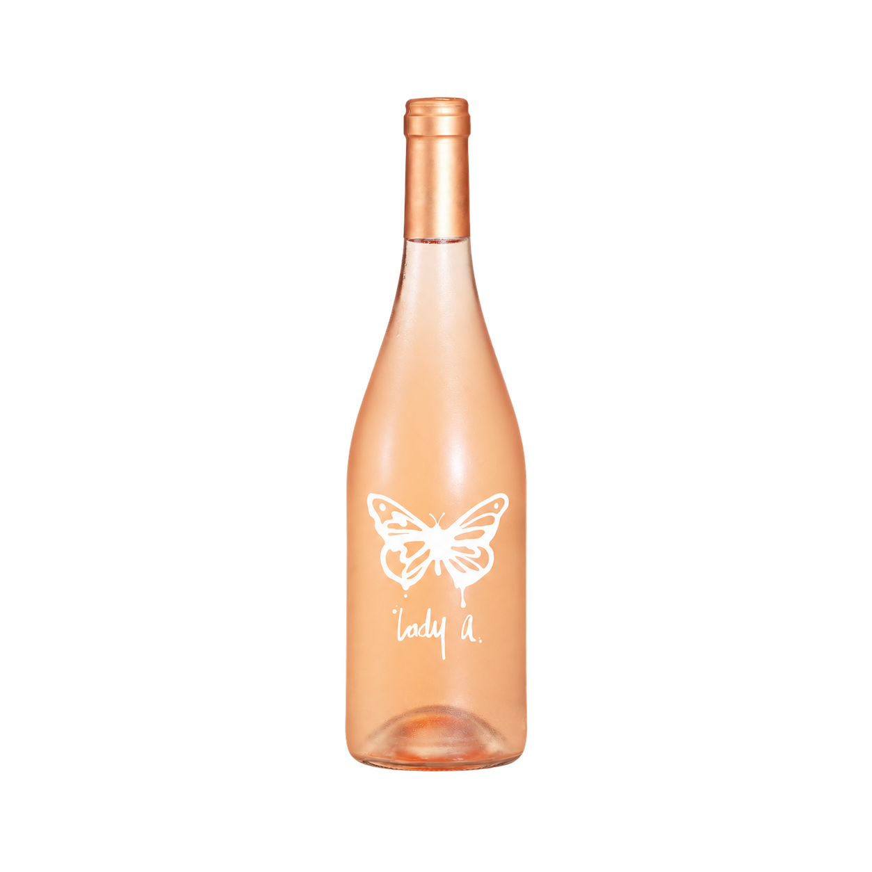 Lady A rosé wine bottle with a white butterfly design